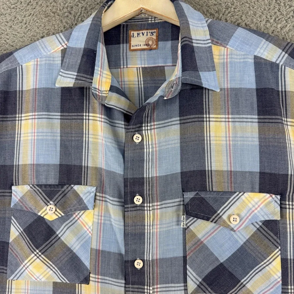 VTG Levis Shirt Mens Large Blue Yellow Plaid Button Up Long Sleeve Western Korea